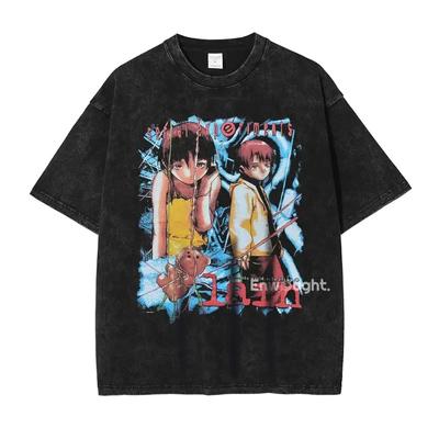 New Arrival Mens Clothes Tee Shirt Homme T-Shirts Men Tshirt for Men Anime Iwakura Lain Vintage Washed Manga Pattern