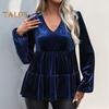 Women Tops V-Neck Lantern Long Sleeve Solid Color Pullover Tops Ruffle Stitching Hem Loose Fit Velvet Shirt