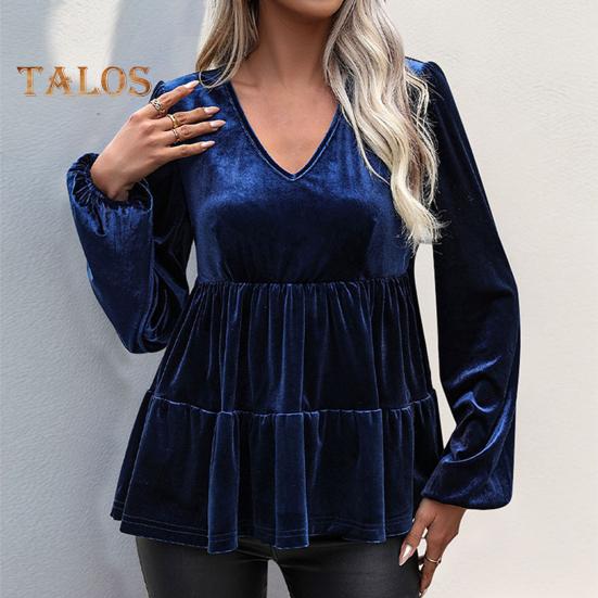 Women Tops V-Neck Lantern Long Sleeve Solid Color Pullover Tops Ruffle Stitching Hem Loose Fit Velvet Shirt