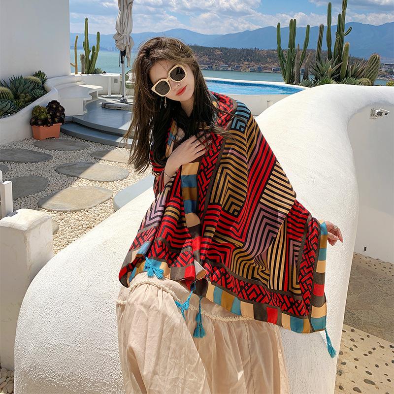 New Spring and Summer Seaside Beach Towel Cotton and Linen Ethnic Style Travel Dual-purpose Silk Scarf Sunscreen Scarf Shawl Printed Shawl