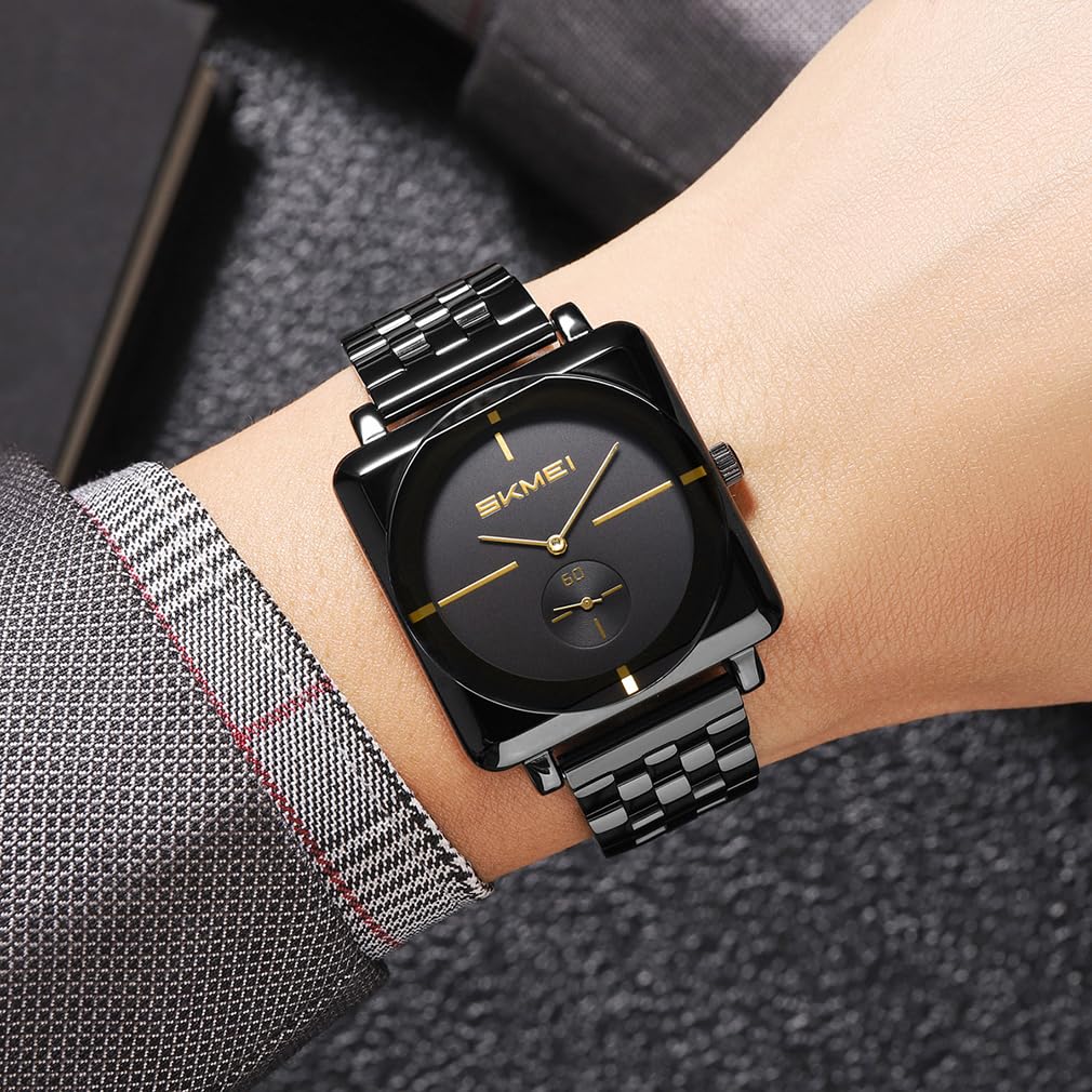 Skmei Square Watch Men Simple Stylish Stainless Steel Wristwatch Gentleman Waterproof Analog Business Casual Male Luxury Gift Black Wach for Men