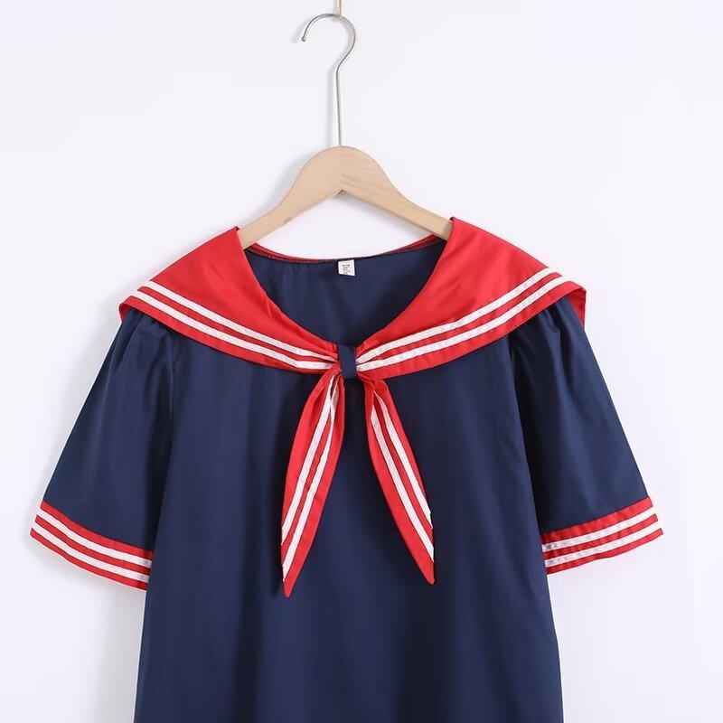 Summer Women Navy Shirts Short Sleeve Sailor Collar Pullover White Blouses Patchwork Loose Tops Girl Sweet Clothes College Style