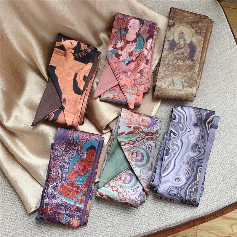 French Bow Tie Painting Silk Scarf Long Ribbon Oil Painting Headscarf Headband Hair Accessories