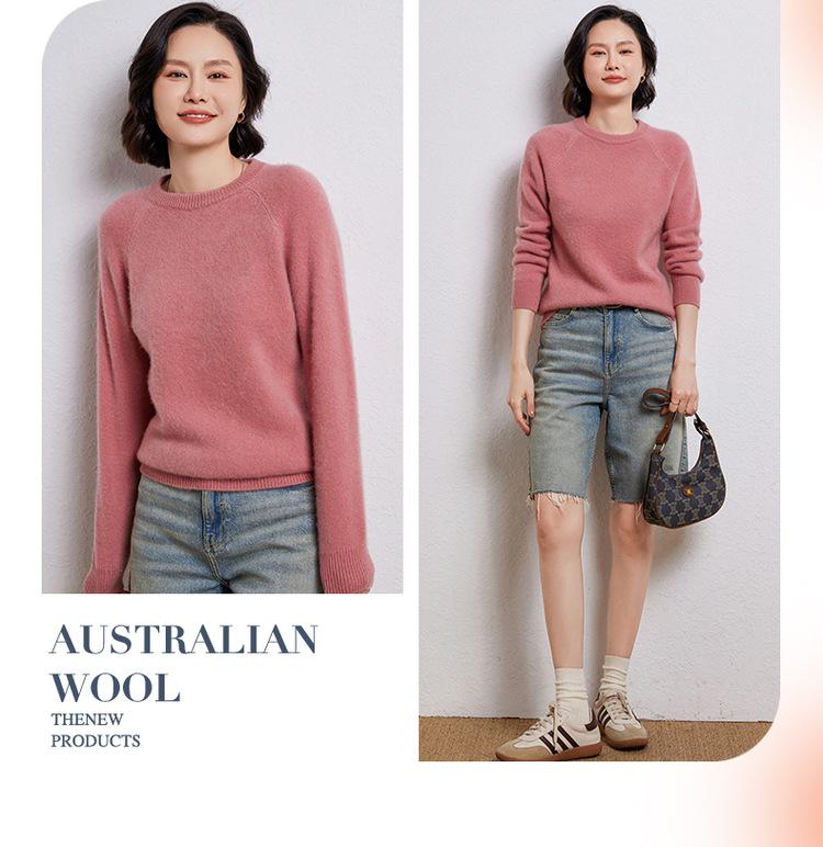 Women's Thick 100% Wool Raglan Sleeve Round Neck Sweater - Loose Knit Long Sleeve Pullover for Autumn/Winter