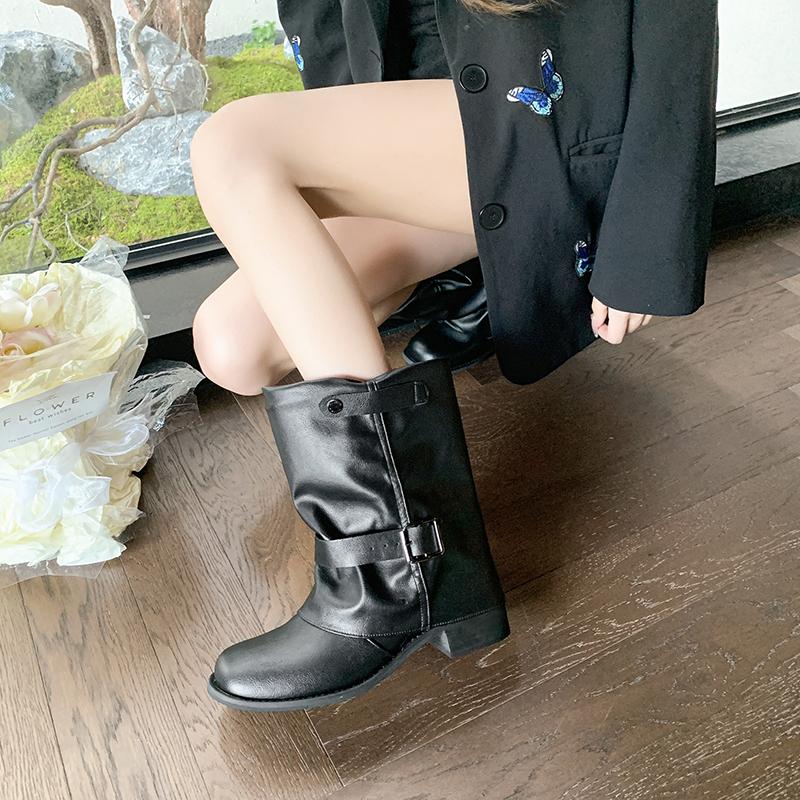 Fashion 2025 Autumn Pleated Buckle Knight Boots for Women Black PU Leather Mid Calf Boots Woman Slip-On Thick Heel Riding Botas Mujer