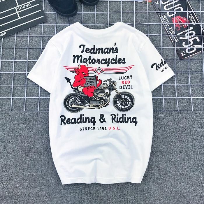 Japanese Trendy Brand Lucky Ghost Little Devil Print Retro Motorcycle Kaji Short-sleeved T-shirt Pure Cotton Men and Women