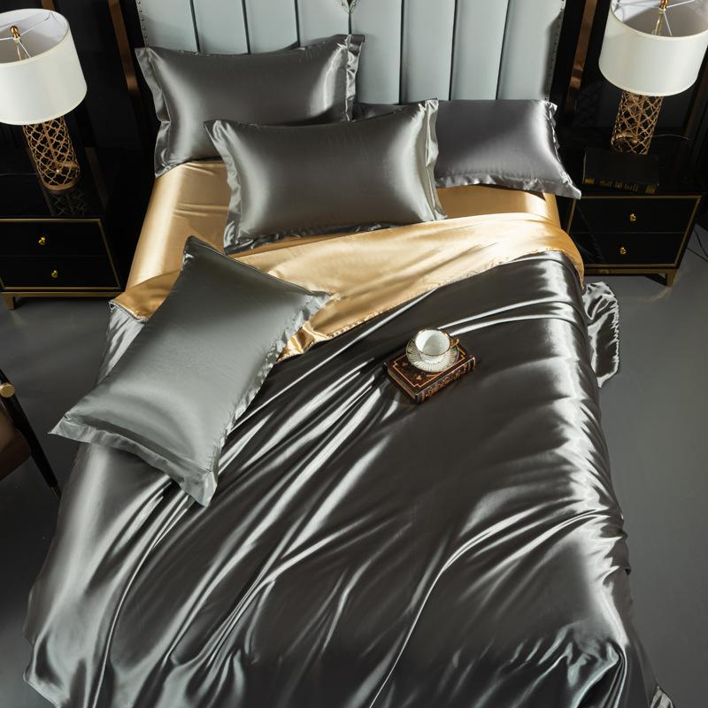 A/B Double-Sided Color Bedding Set Silky Satin Duvet Cover Bed Sheet Pillowcase Luxury Bedsheet King Queen Double Twin Size