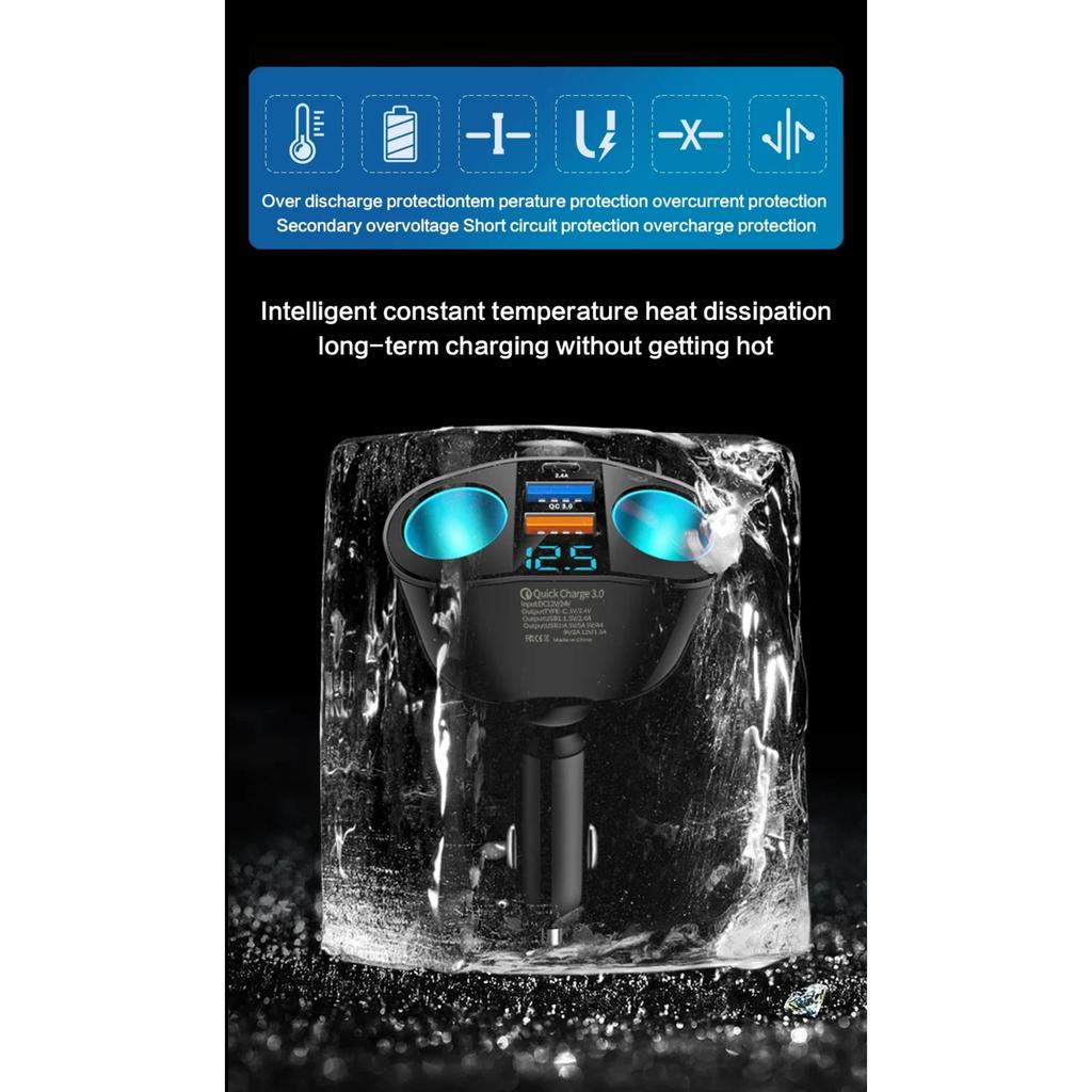 120-240W PD QC3.0 Car Fast Charger Adapter Car Socket Splitter Digital Display Power Adapter for All Phone