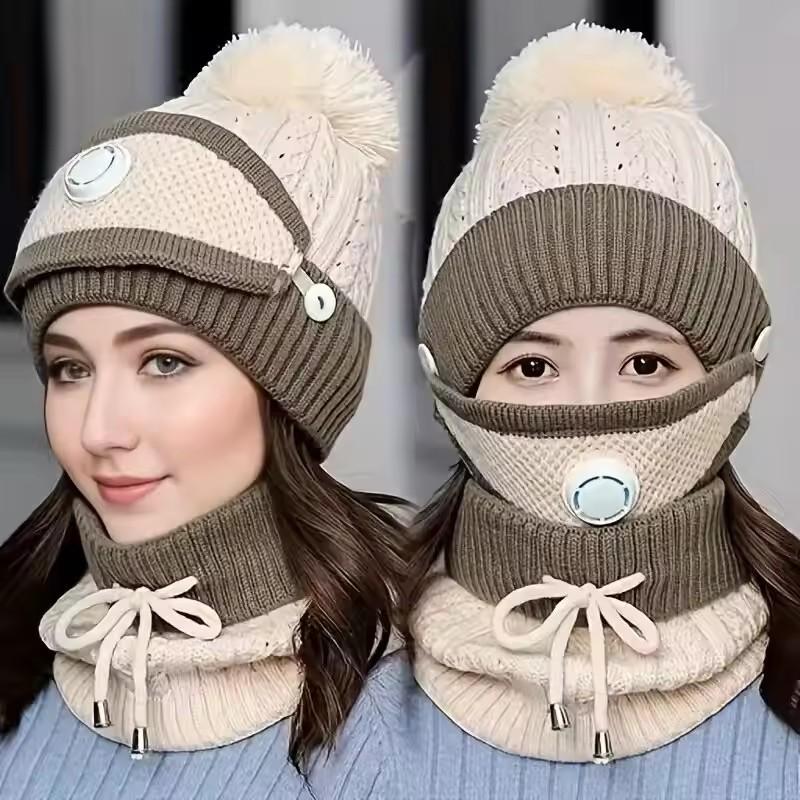 3PCS Winter Fashion Warm Scarf and Hat 3-Piece Set for Women Knitted Printed Skin Friendly Breather Valve Warm Earcup Accessory