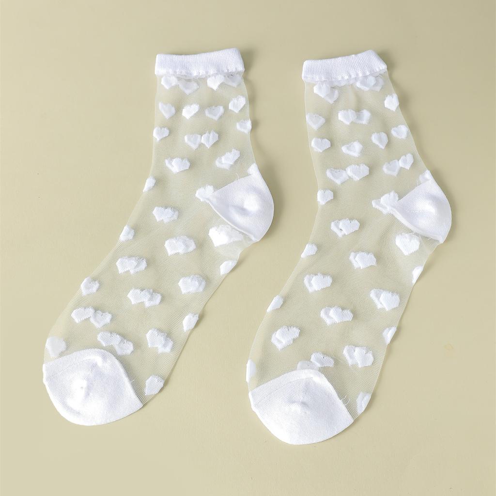 2 Pairs Women Heart Stripe Polka Dots Pattern Sheer Silk Socks Spring Summer Breathable Thin Transparent Crew Socks
