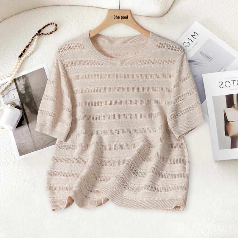 Tachi Women s Lyocell Linen Hollow-out Striped Short Sleeve Knit Top L