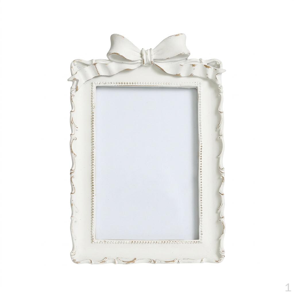 French Vintage Bow Photo Frame, Distressed White Resin Picture European Classical Ornate