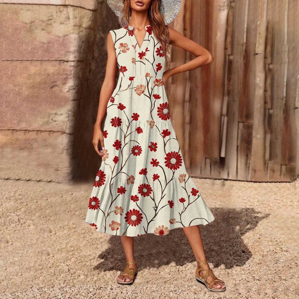 Women's Casual And Fashionable V-neck Sleeveless Printing Mid Length Dress
