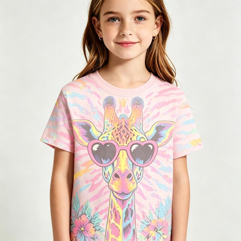 Girls Cool Giraffe Heart Sunglasses Graphic Crew Neck Short Sleeve Tee Fun Party Trip Daily Casual Trendy Streetwear Top