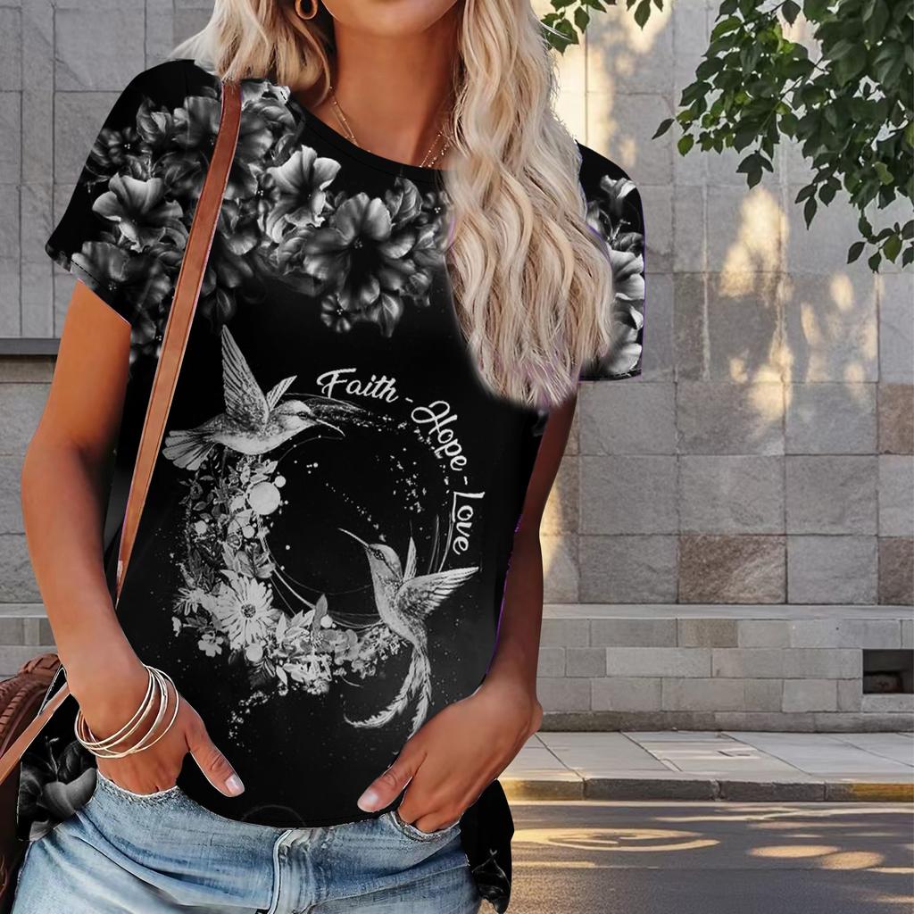 Women Summer T Shirt Bird Print Retro Fashion Short Sleeve Tees Casual   Printed  Tops