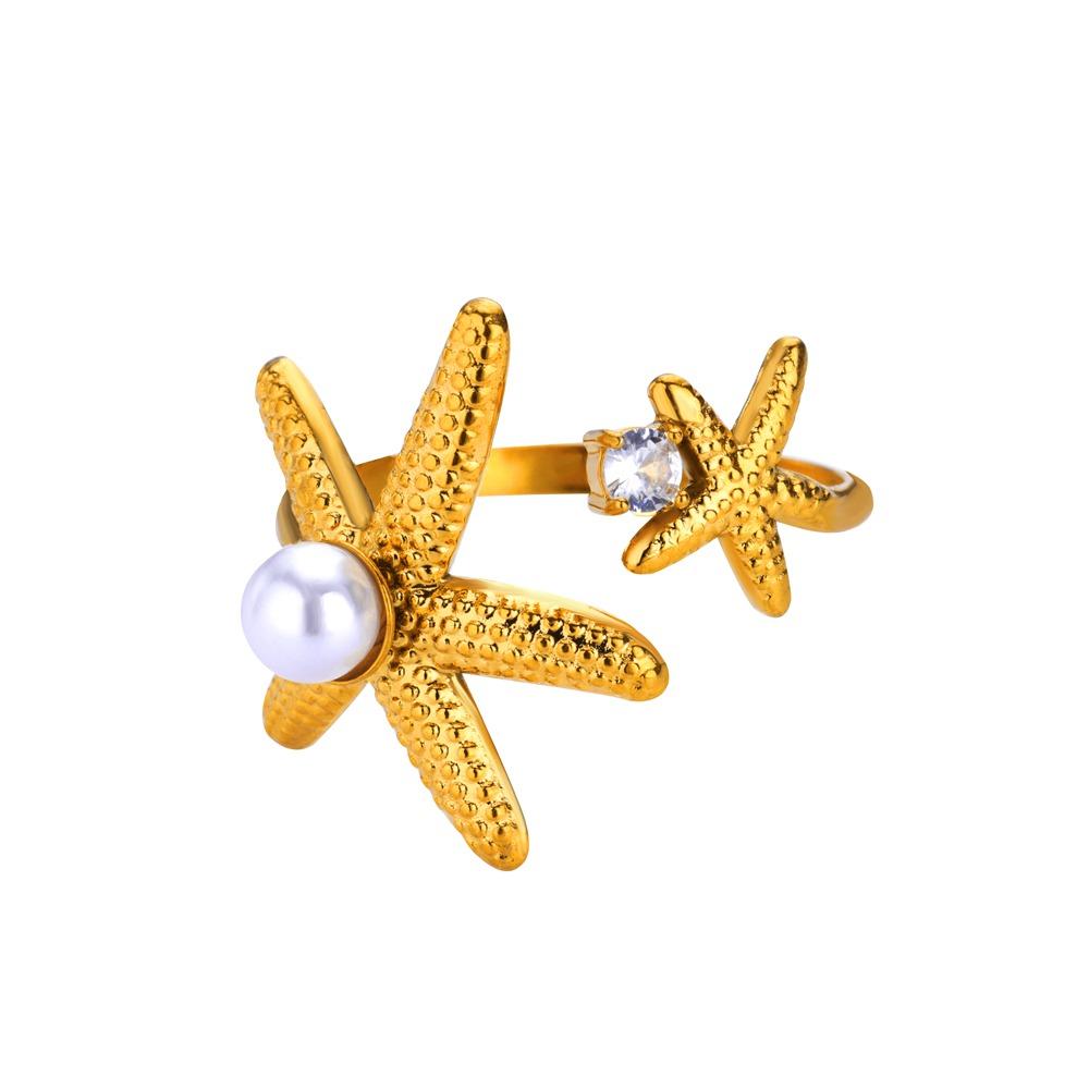 Vintage Conch Starfish Ring For Women Gold Color Stainless Steel Open Adjustable Wedding Summer Beach Party Ocean Jewelry Gift