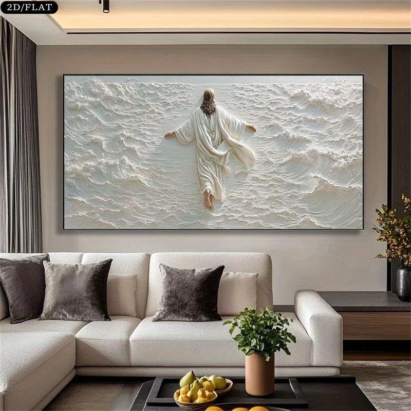 Walking on Water Bible Religious Decorative Painting - Minimalist Beige And White Canvas Wall Art, Suitable for Living Rooms, Bedrooms
