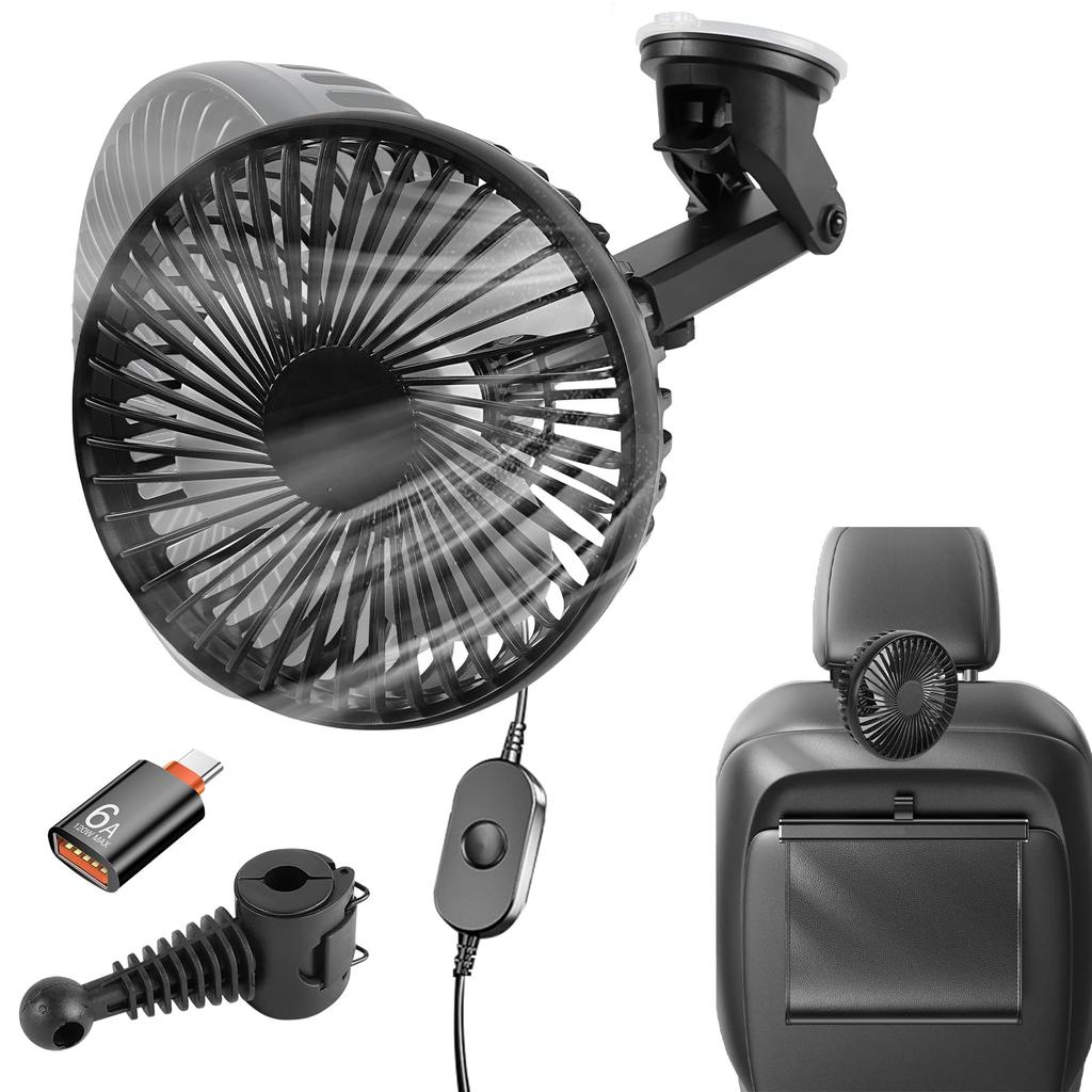 Car Fan, USB Powered, 2-Way Installation, 3 Levels of Air Flow Adjustment, Suction Cup,