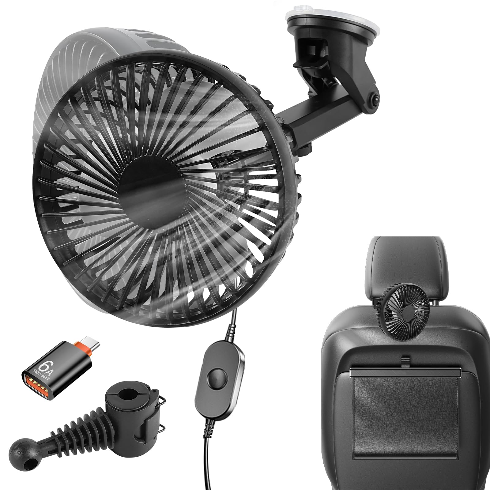 

Car Fan, USB Powered, 2-Way Installation, 3 Levels of Air Flow Adjustment, Suction Cup,