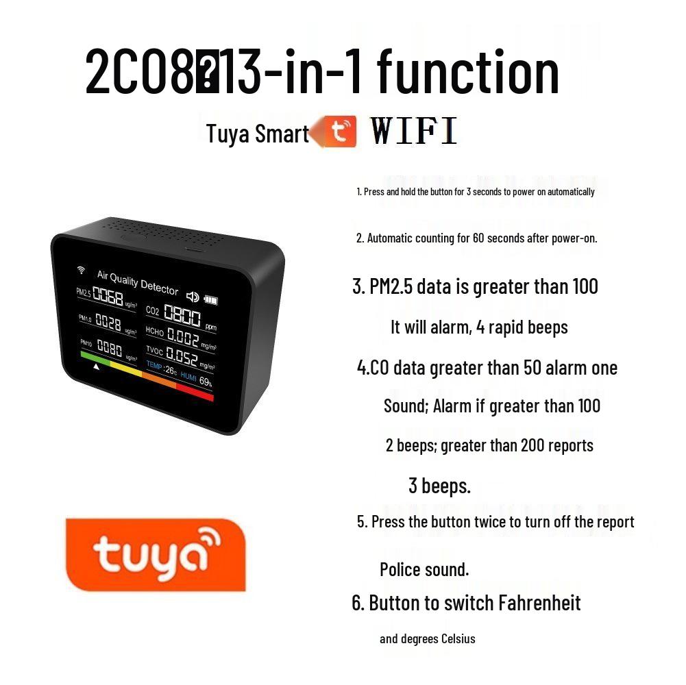 13-in-1 Smart Air Quality Detector with WiFi: CO2, PM2.5, Formaldehyde, TVOC, Temperature, & Humidity Monitoring Via App