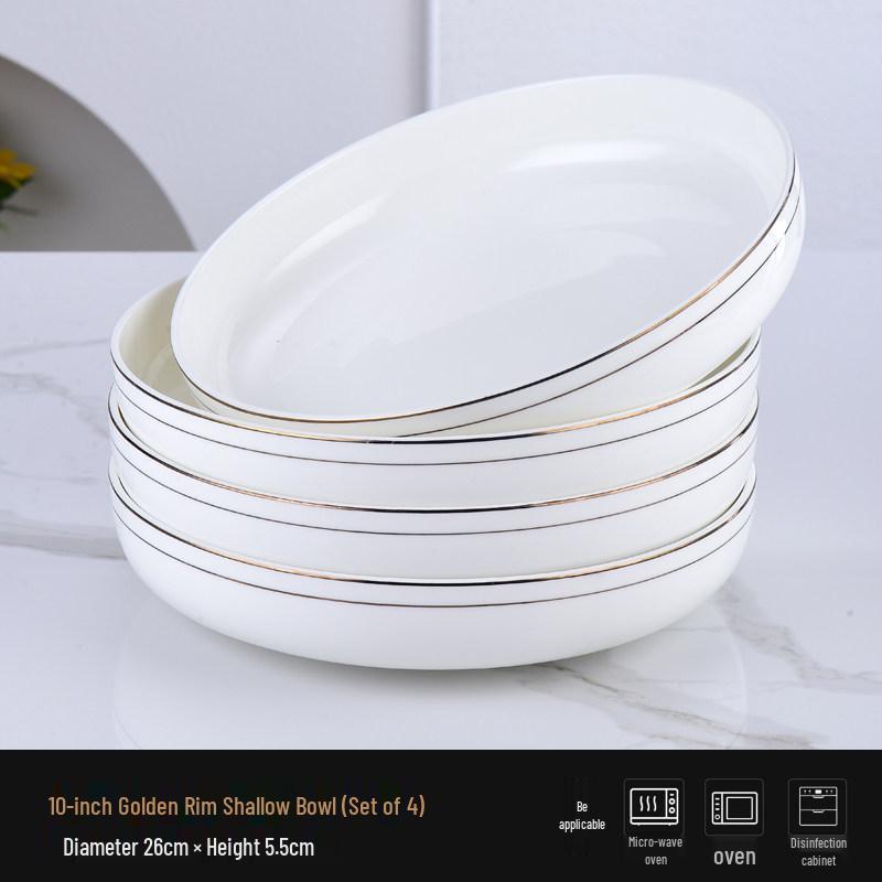 Ceramic Gold Rim Bone China Tableware Set - Microwave Safe Deep Plate, Rice Bowl for Home and Hotel Use.