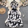 Summer Vintage Women Print Long Dress Elegant V-Neck Sleeveless High Waist A-Line Maxi Vestidos Female New Fashion Robe