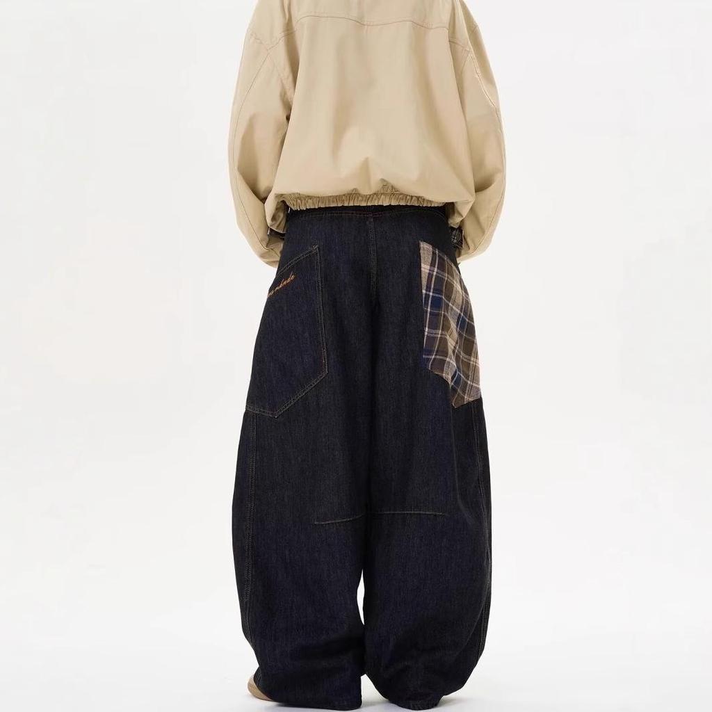 Pánské kostkované patchworkové zeštíhlující džíny se širokými nohavicemi