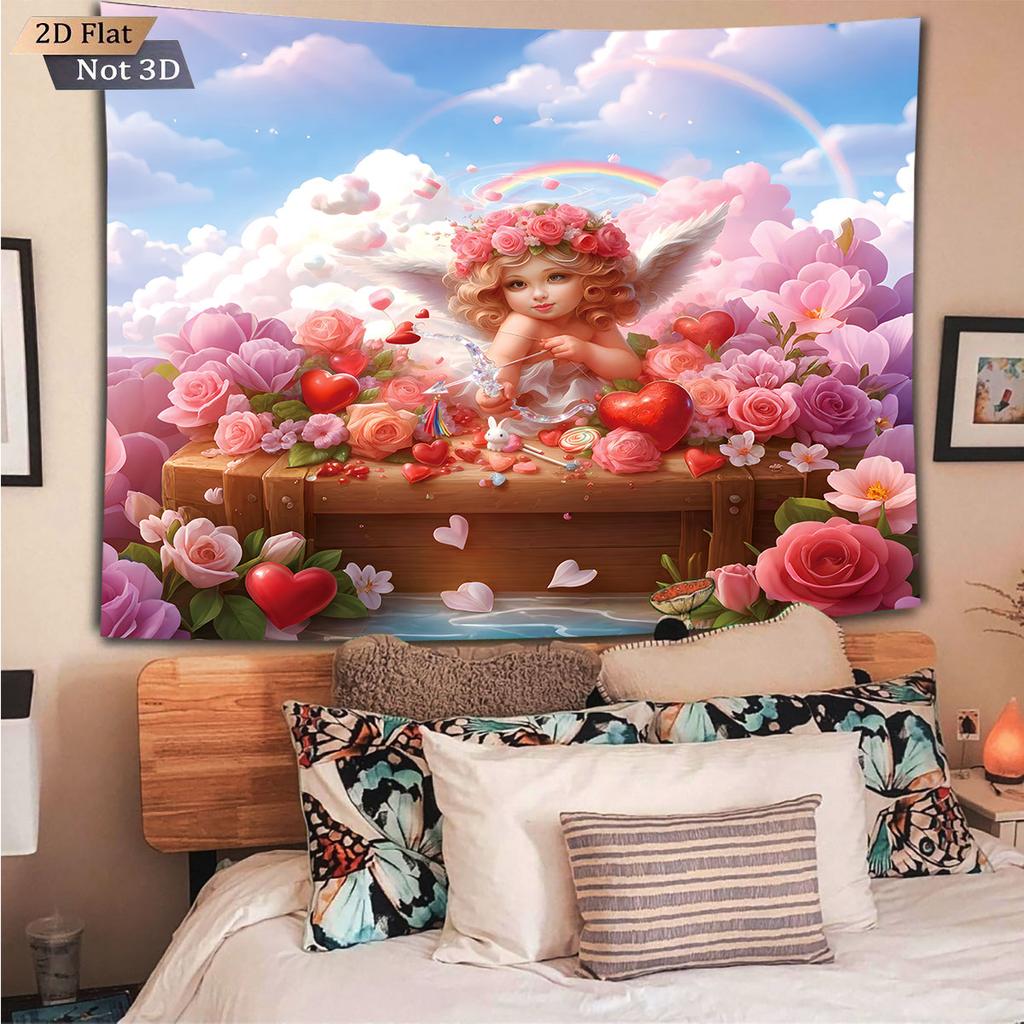 1pc Valentine's Day Romantic Cupid Print Tapestry Living Room Wall Decoration Background Cloth Machine Washable Space Pendant
