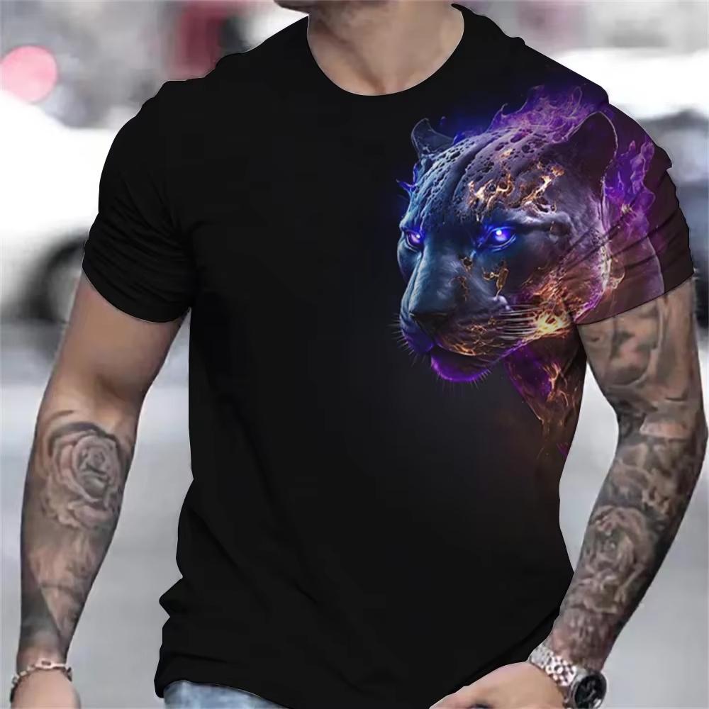 Verano Cuello Redondo 3D Animal Leopardo Tigre Patrón Estampado Top Camisetas de Hombre Casuales de Moda de Manga Corta