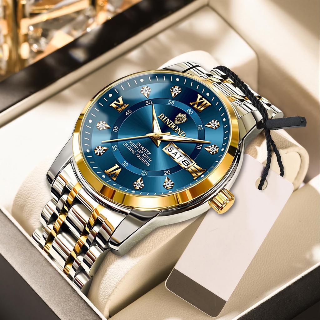 Quartz Stainless Stylish Men's Watch, Blue, Popular, Movement, Calendar, Waterproof, Steel,