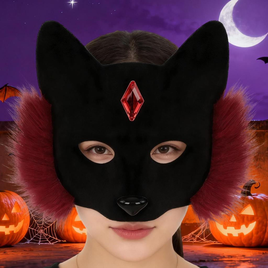 Face Cover Costume Cat Breathable Halloween Headwear Faux Face Cover With Gems For Adults Kids Christmas Holiday Masquerade