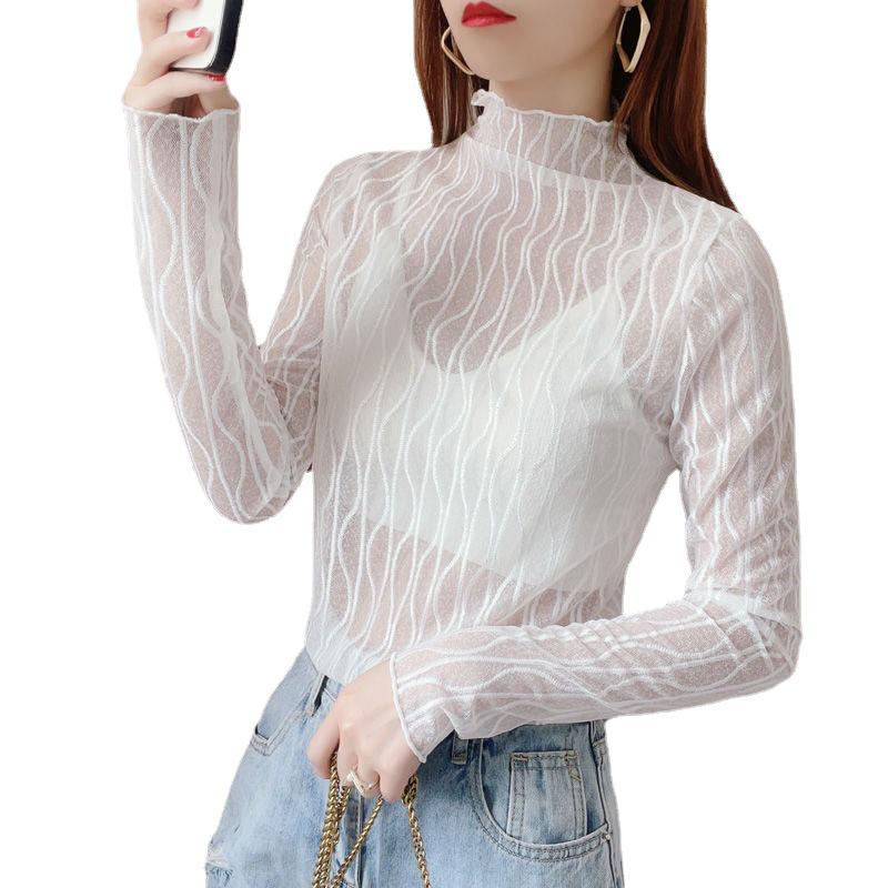 Women's Sheer Lace Long Sleeve Top with Half High Neck