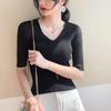Women's Summer V-Neck Ice Silk Solid Color Knit Top Short Sleeve T-Shirt New Korean Style Loose Fit Casual Blouse