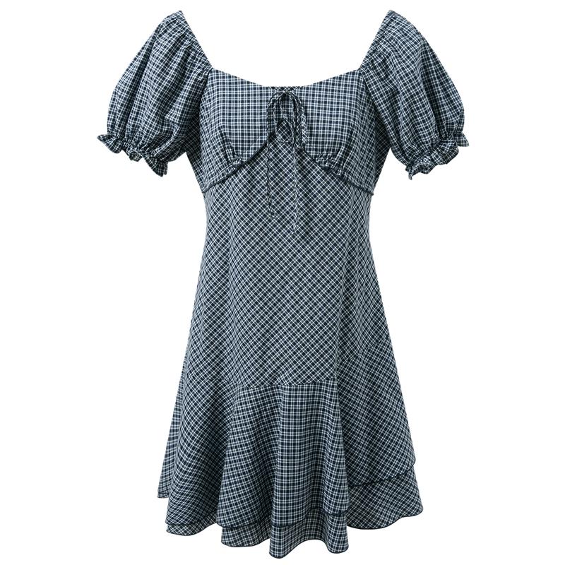 SanCai Square Neck Puff Sleeve Plaid A-Line Mini Dress M