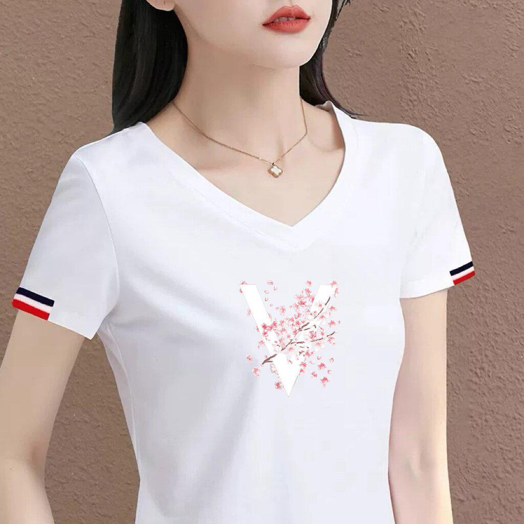 

Women s Stylish Chinese V-Neck Short-Sleeve White T-Shirt with Printed Pattern XL