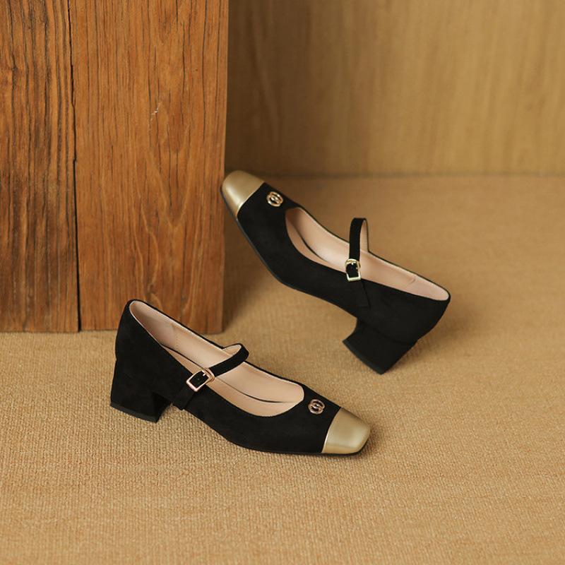 

New Four Seasons Wear Women s Shoes Medium Heel Casual Rubber Soft Sole Fashion Leather Shoes Square Heel Small Leather Shoes Square Head Women s Si 39 чёрный