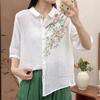 Linen Loose Casual Print Blouse Summer Women T Shirt Fashion Long Sleeve Tops Green White Pattern Tees Shirt