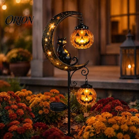 Festive Lawn Stakes Light Halloween Solar Garden Stake Light, Black Cat Pumpkin On Crescent Moon with Illuminated Path Markers for Hanging Lantern,