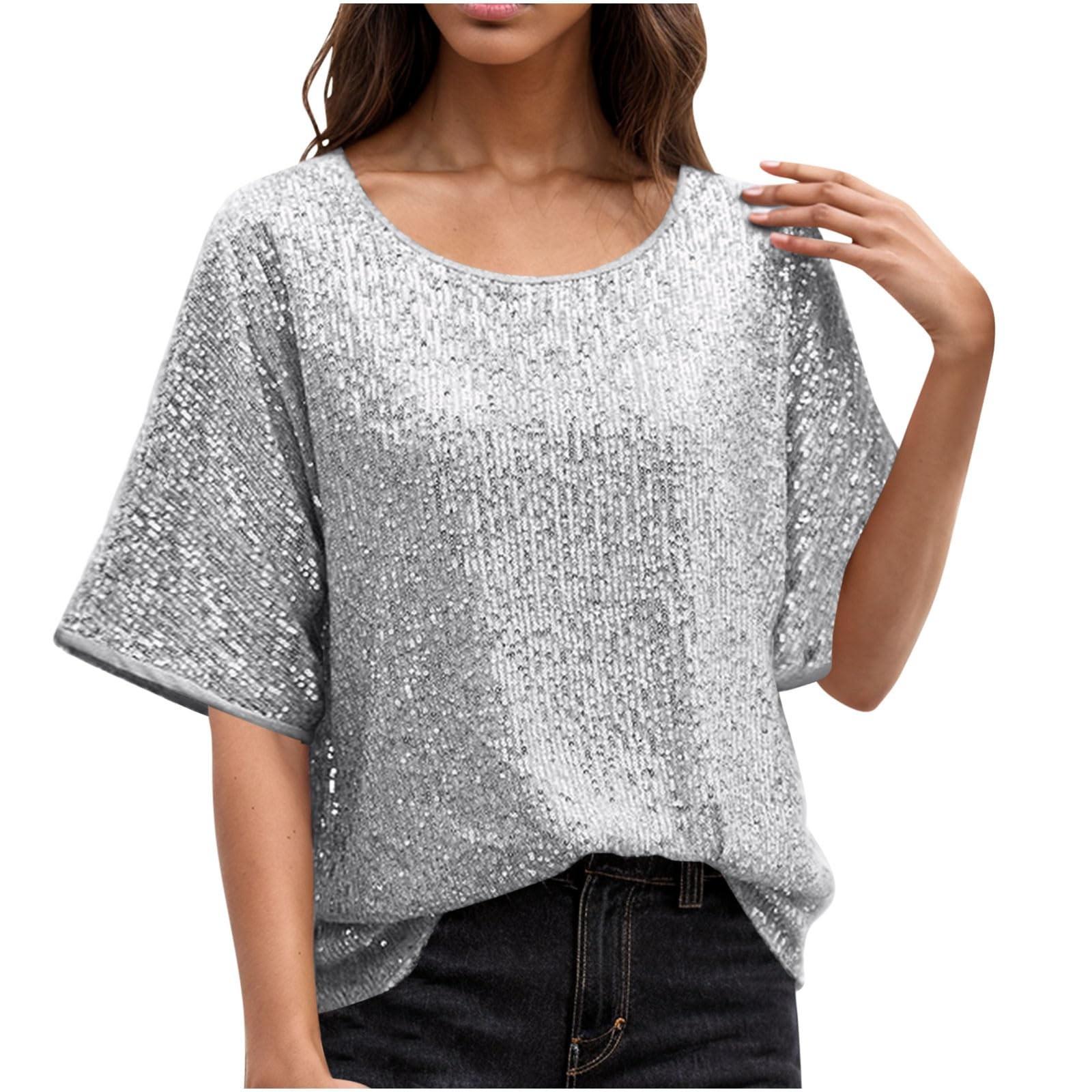 

Женская однотонная футболка с круглым вырезом и открытыми плечами, расшитая пайетками, с короткими рукавами XXL серебряный