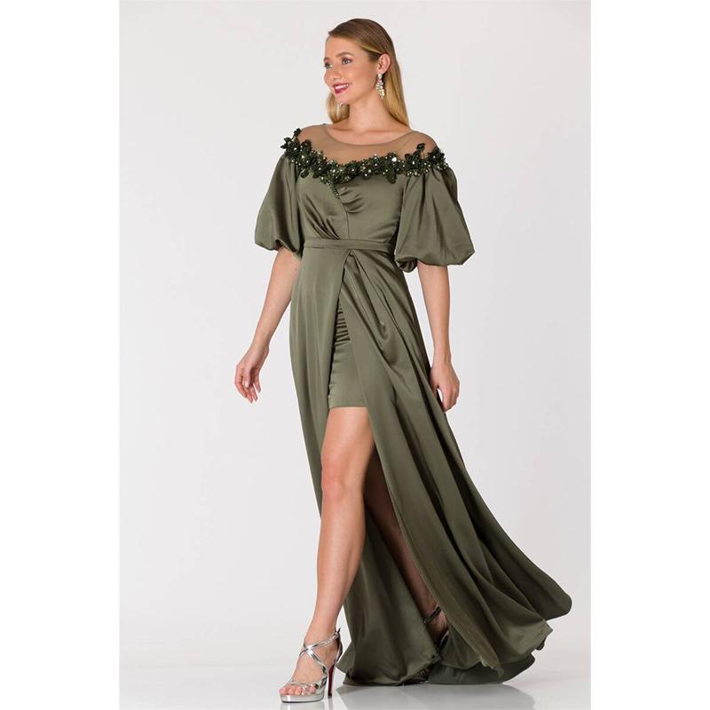 

Женское атласное вечернее платье с пышными рукавами и воротником цвета хаки