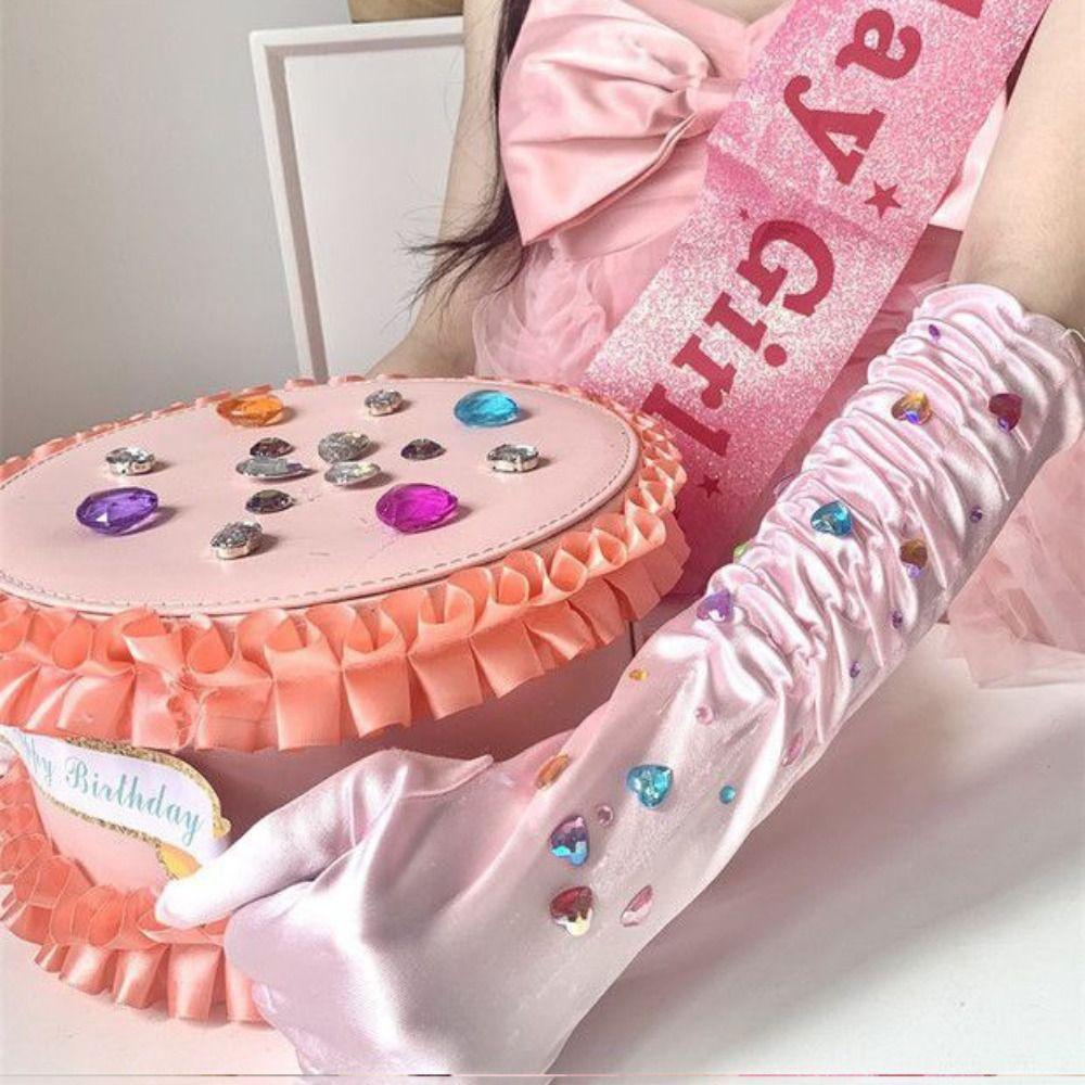 Long Pleated Mittens Pleated  Gloves Sweet Pink Gloves Party  Performance