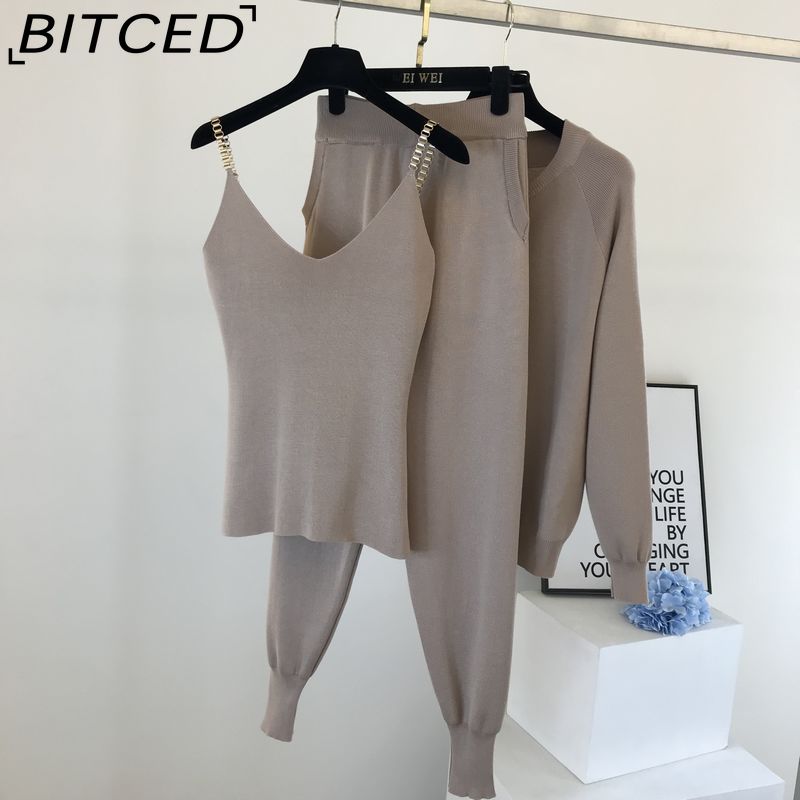 BITCED Women's Vest Knitted Jacket + Small Leg Elastic Pants Three-piece Set
