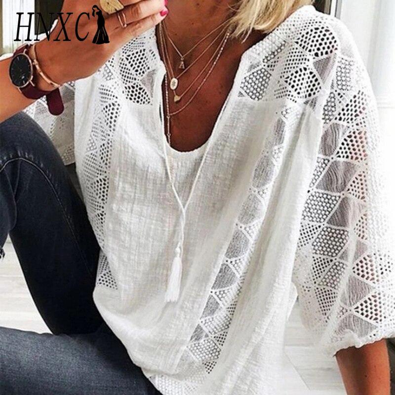 

HNXC Жіночі Модні Повсякденні Блузки та Сорочки з Принтом Однотонного Кольору з V-подібним Вирізом S білий