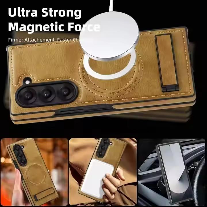 Magnetic PU Leather Kickstand Phone Case Shell for Samsung Z Fold Flip 7 6 5 Wireless Charging Case Designer Mobile Phone Case