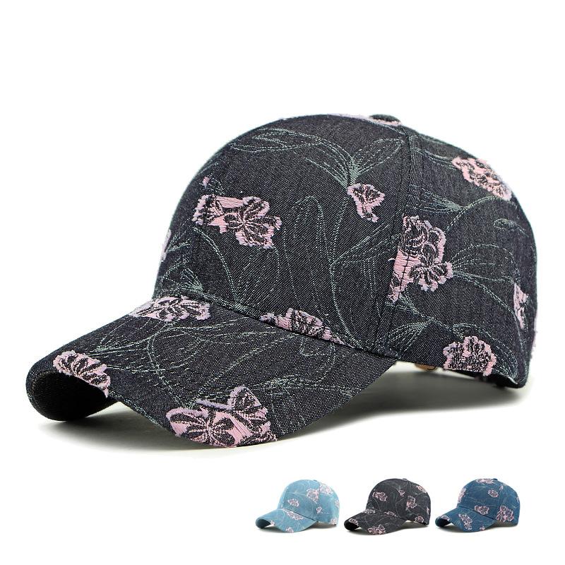 Women Jacquard Flower Cap Outdoor Sun Hat Denim Baseball Cap