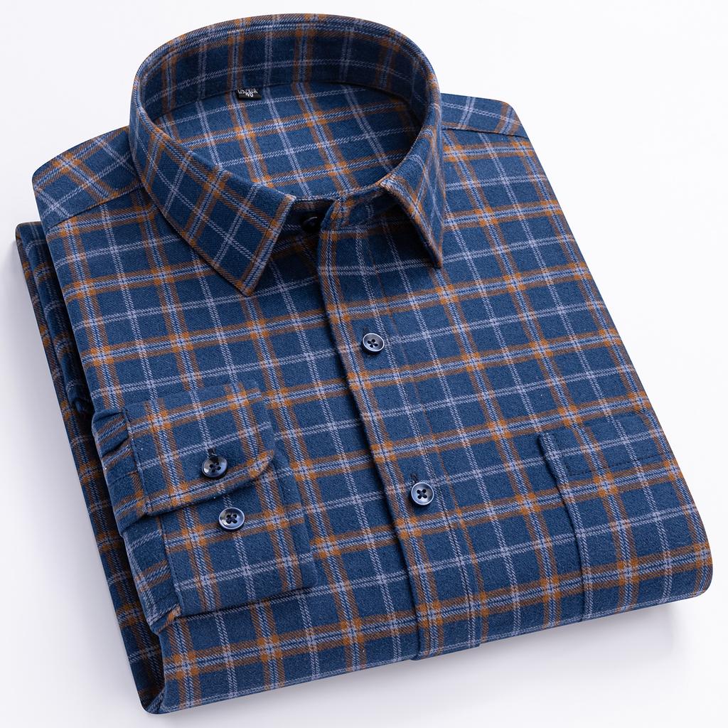 Over Size 100%cotton Brushed Plaid Long Sleeve Shirts for Men Single Pocket Casual Tops Soft Vintage Elegant Designer Clothes