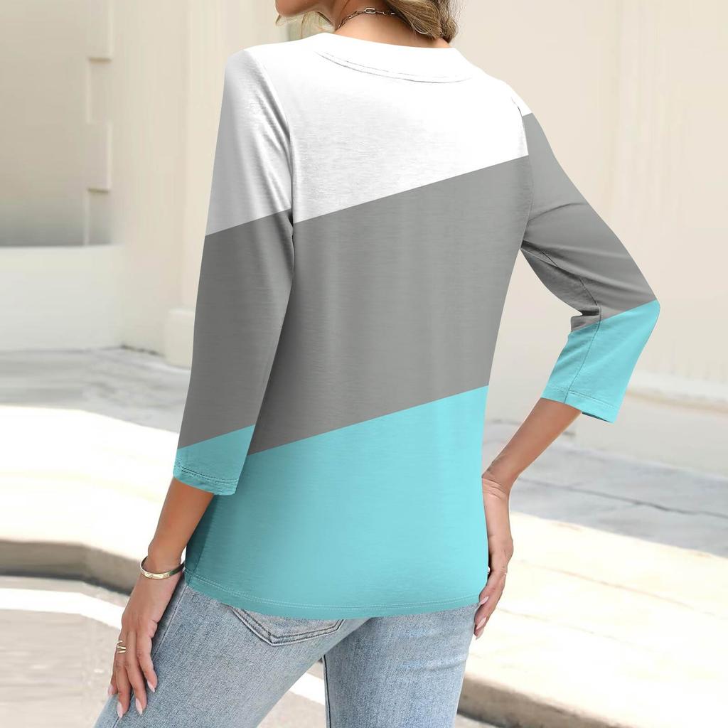 Women's Fashion Casual Striped Geometric Print Button-Down Shirt Three-quarter Sleeve Cardigan Top