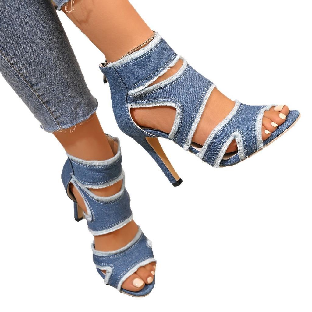 High-Heel-Sandalen für Damen im Sommer 2026 mit schmalen Absätzen und Baidu-Denim-Cut-outs. Fischmund sexy römische Schuhe für Damen