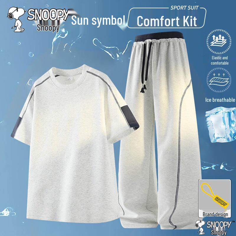 

SNOOPY Men s Summer Lightweight Breathable Round Neck Top & Casual Sports Pants Two-Piece Set L