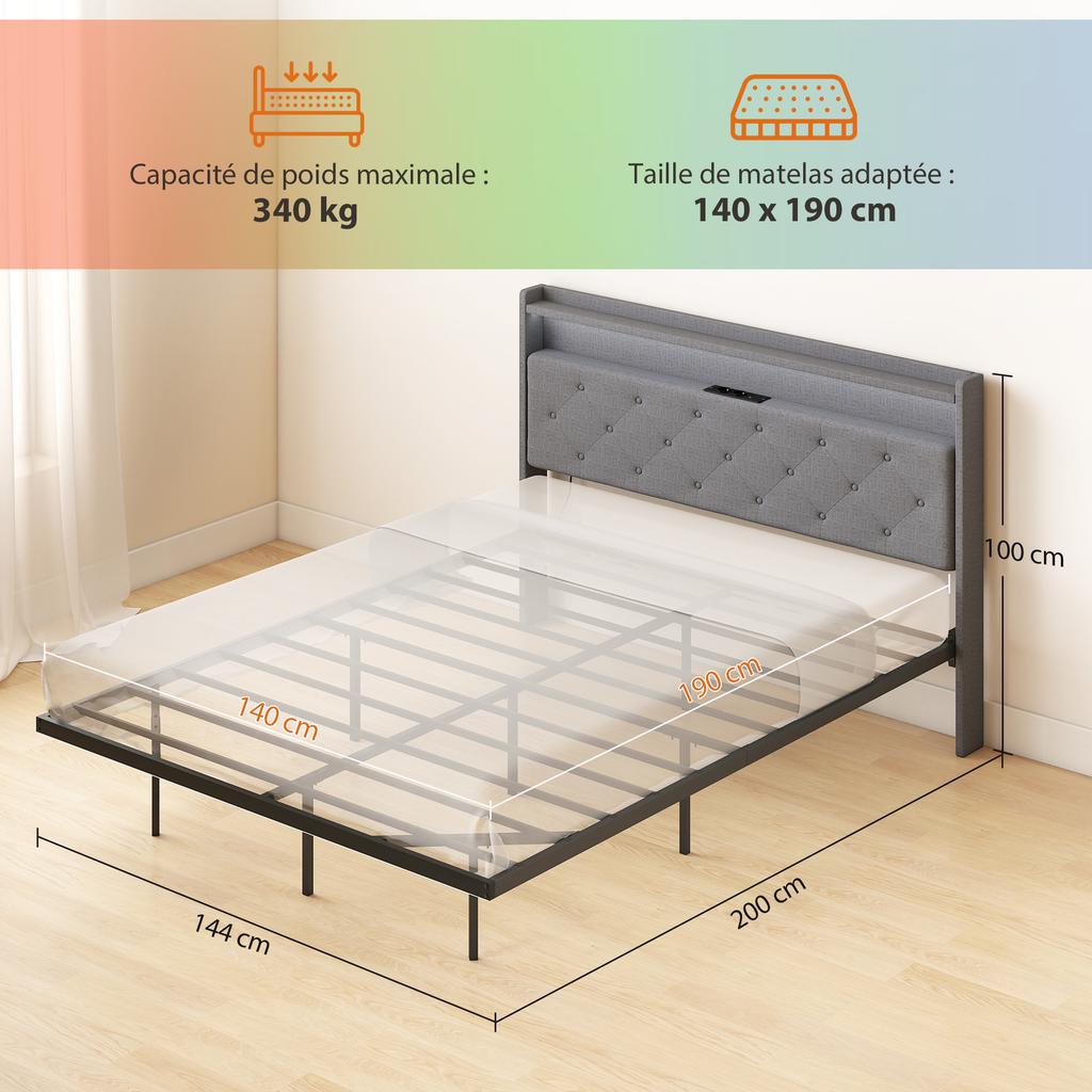 Bed frame 140 x 190 cm with steel base, floating double bed with RGB LED lights and charging station, grey